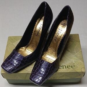 J. Renee Alecia Women's Purple Crocodile Square Toe Heels Pumps Size 10 J.Renee